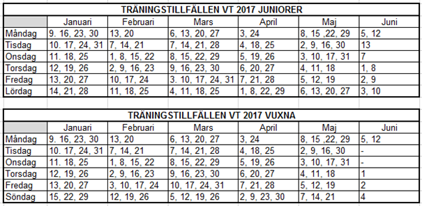 image: Träningstillfällen VT 2017!